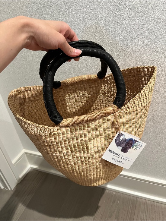 Handbags - Handwoven Straw Tote Bag with Black Wrapped Handles